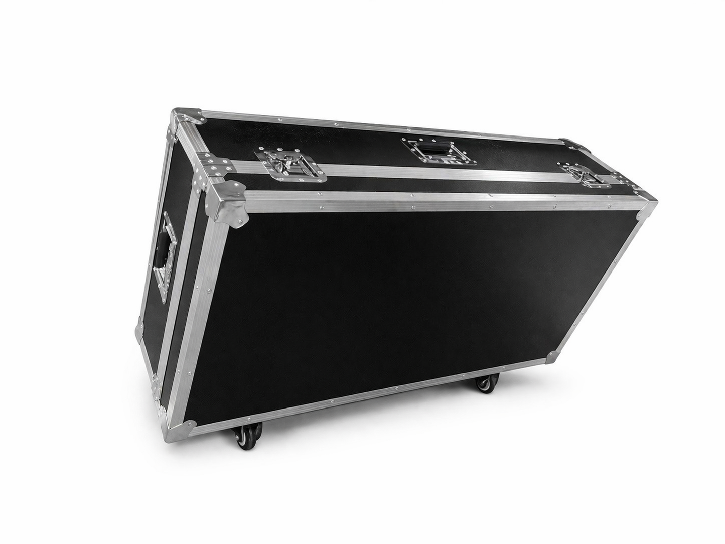 Black flight case with silver trim on a white background