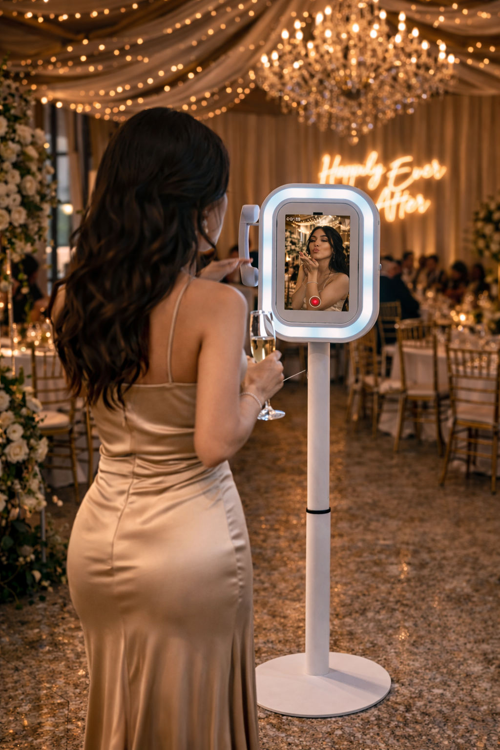 Woman in a beige dress using the iPad Telephone Stand Audio Video Guestbook Selfie Pod booth at a wedding reception.