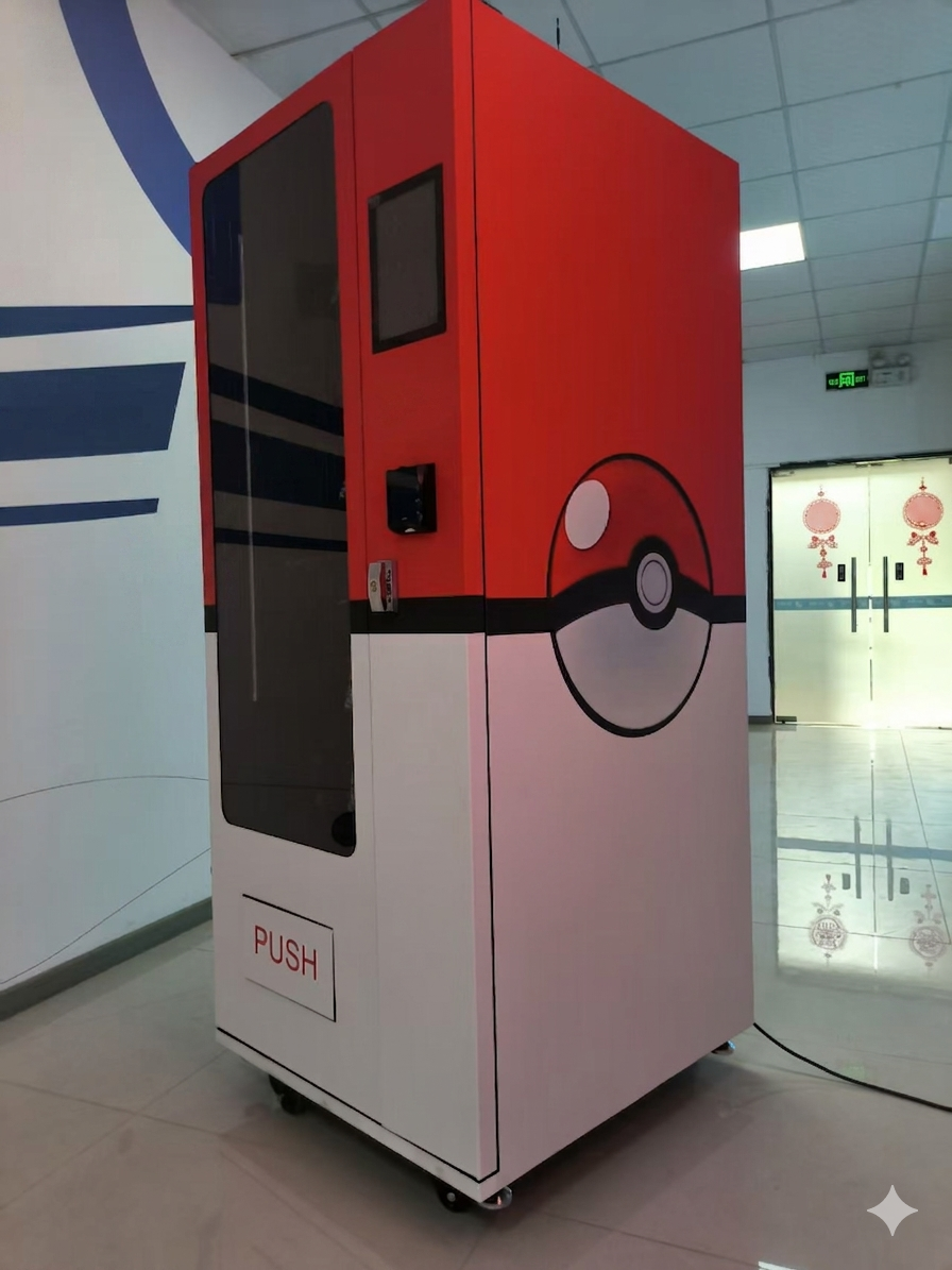 Red and White Vending machine with a Poké Ball design in an indoor setting