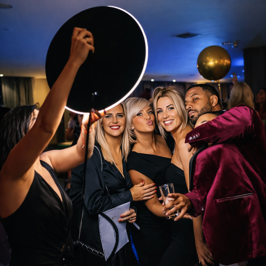 Group of people at a party taking a picture with the Roamer IPad Photobooth LED Ring Light