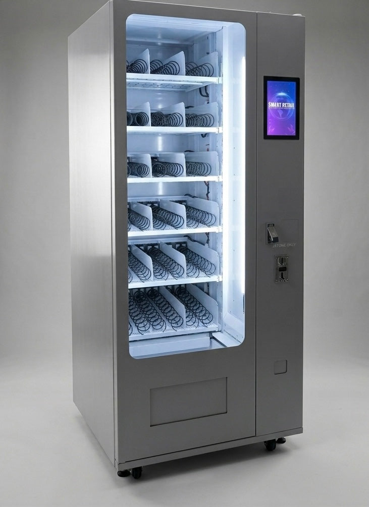 Vending machine with a digital display on a gray background