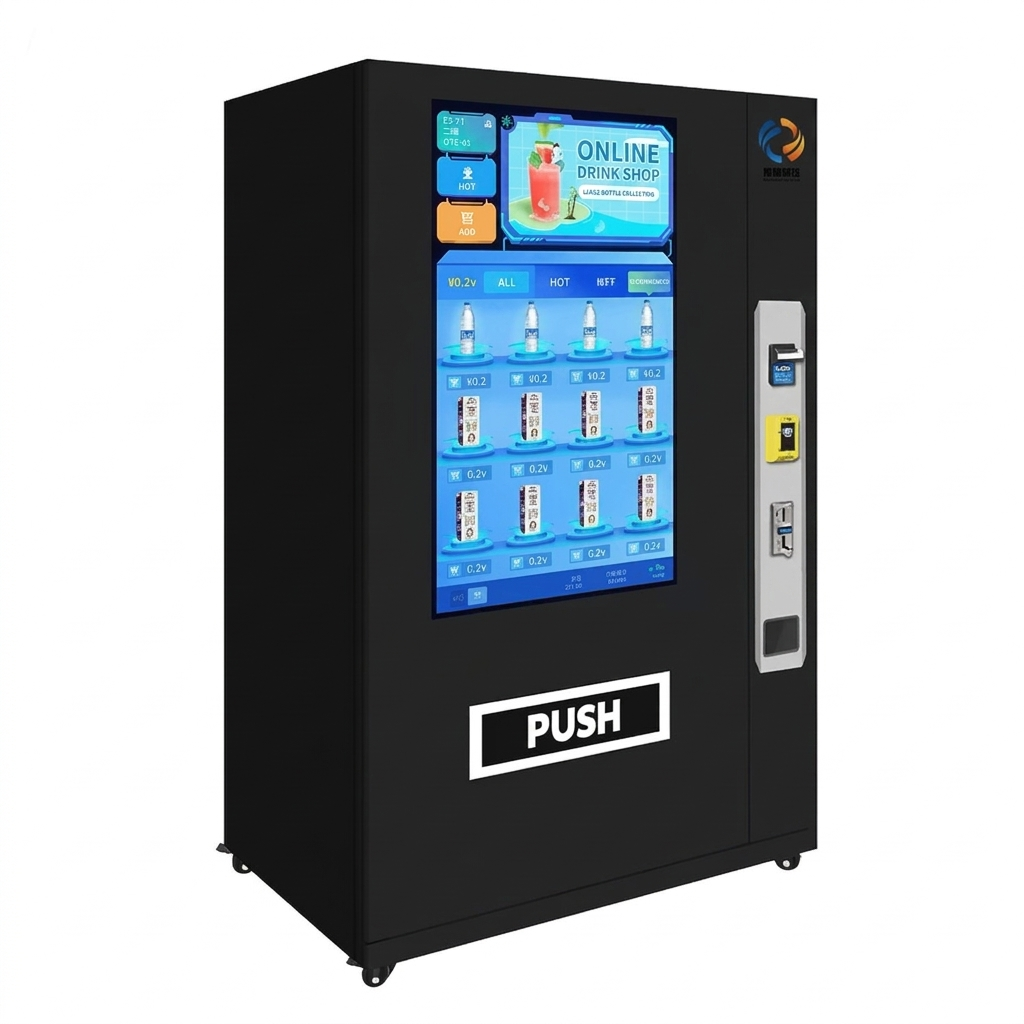 Vending machine with digital display, card payment interface and coin inserter on a white background