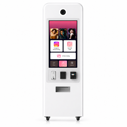 White photo booth machine with a screen displaying app icons on a white background