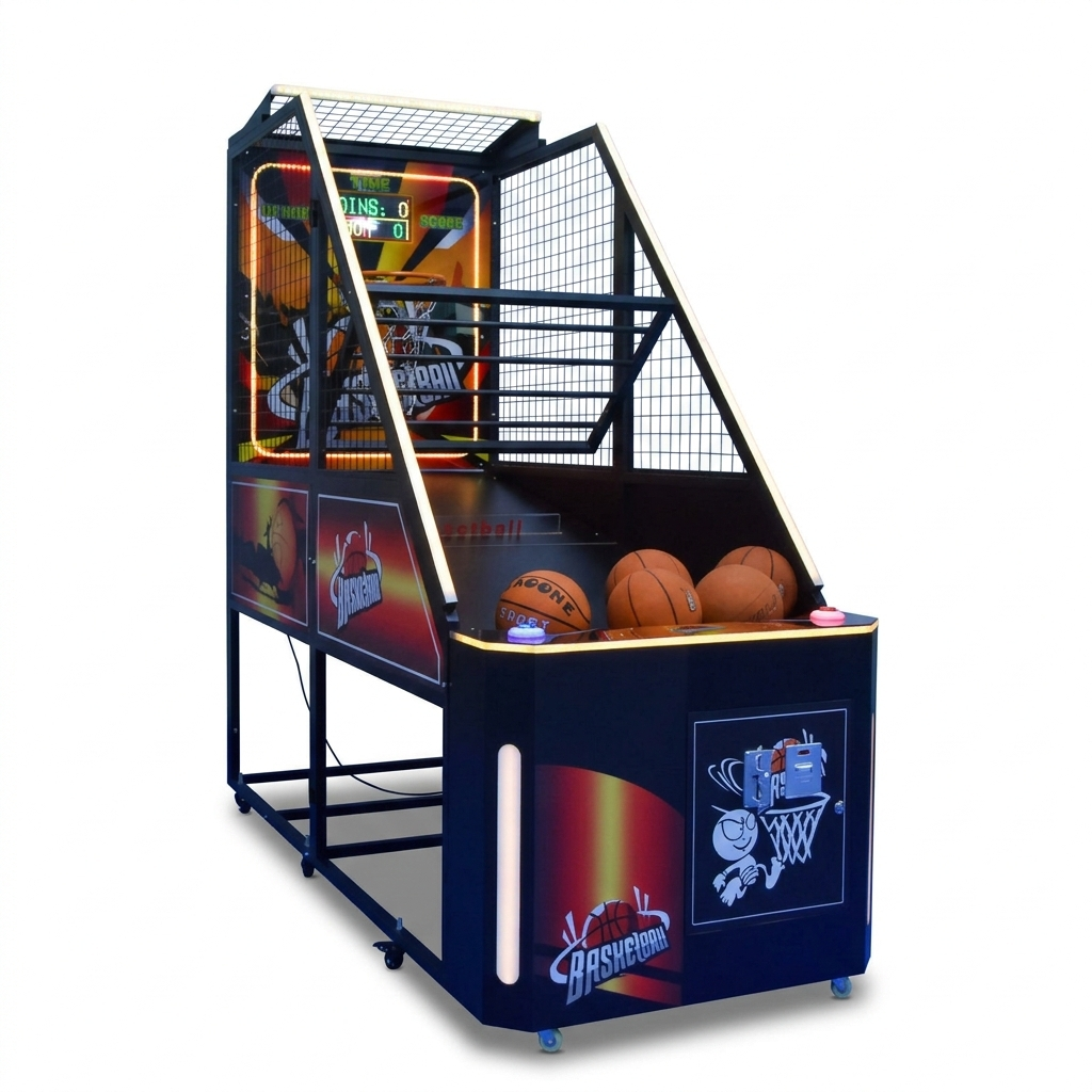 Basketball arcade machine with colorful display and multiple basketballs on a white background