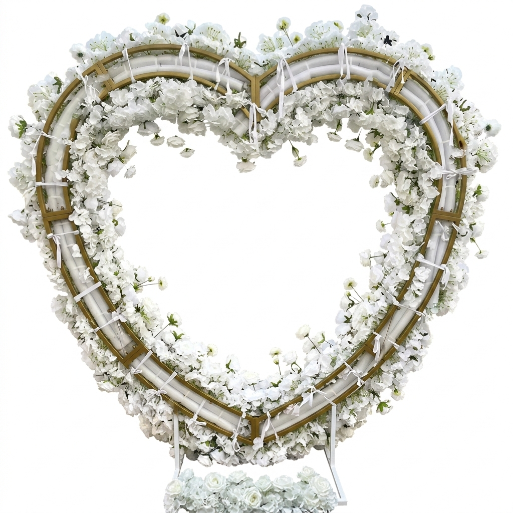 Heart-shaped floral arch made of white flowers on a white background