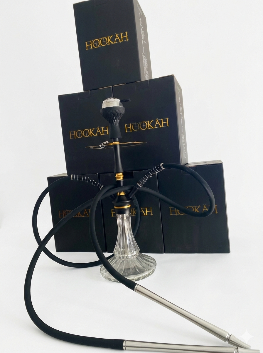 Clear glass shisha pipe with coiled hose and clear base on a white background, surrounded by 'Hookah' branded boxes.