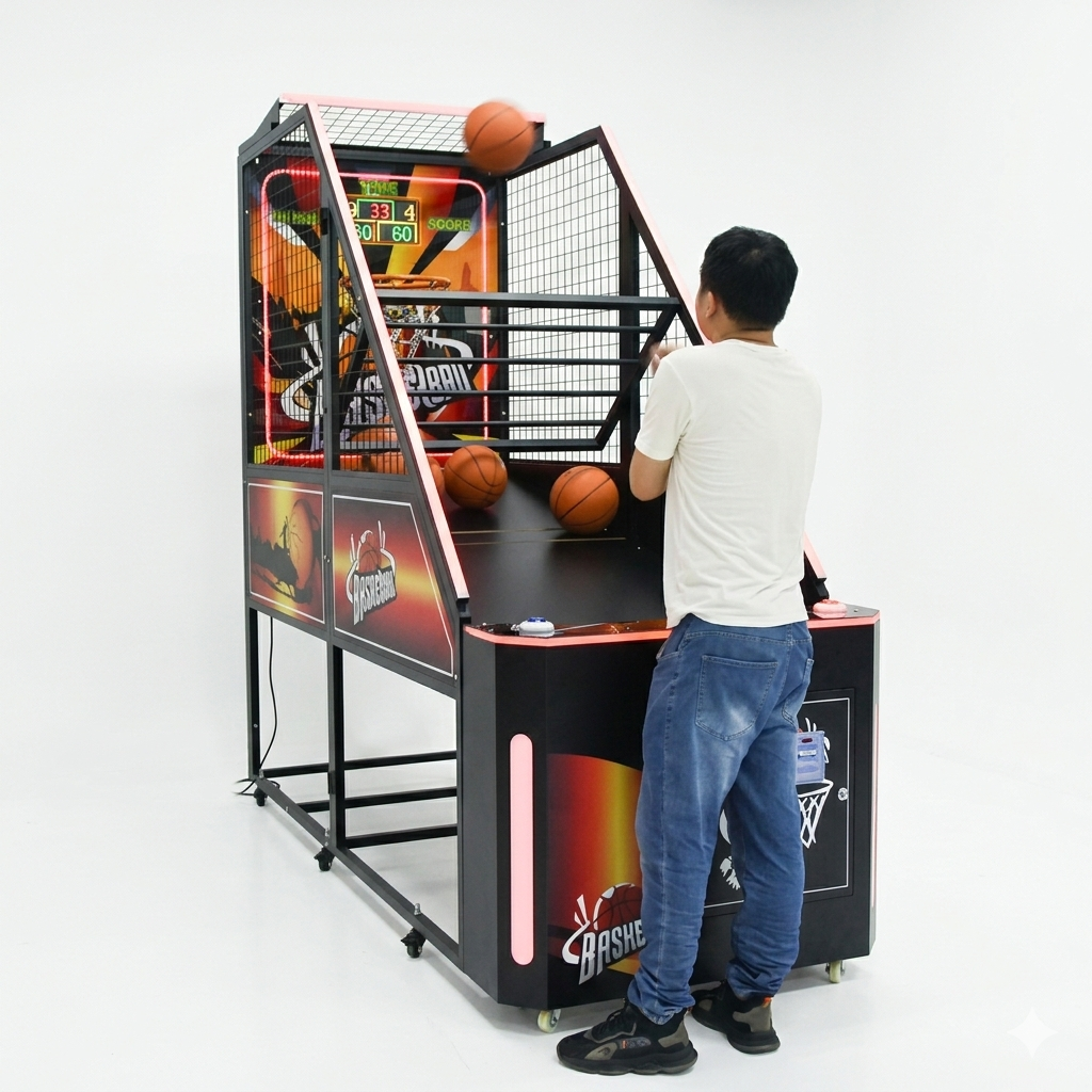 Person playing an arcade basketball game on a white background