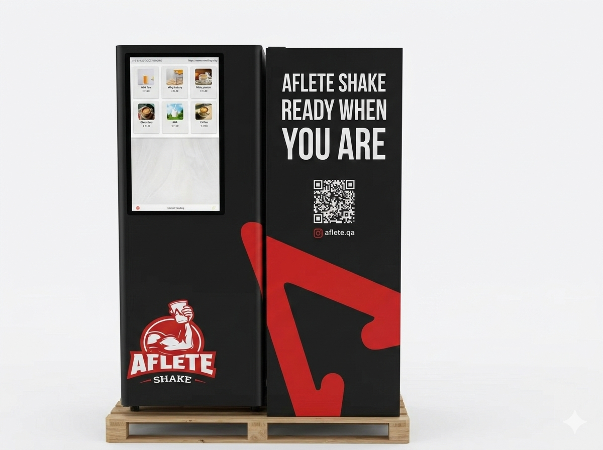 Aflete Shake vending machine with screen displaying different drink options with branding and QR code on a white background
