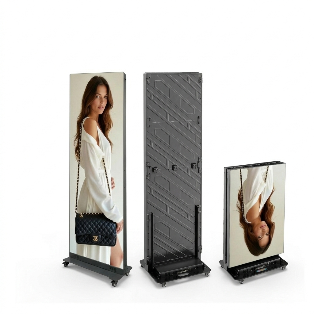 Three digital display stands with screens showing different images on a white background. One screen is folded 