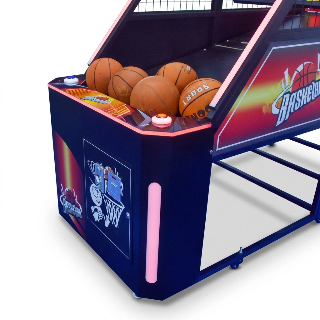 Basketball arcade game with multiple basketballs on a white background
