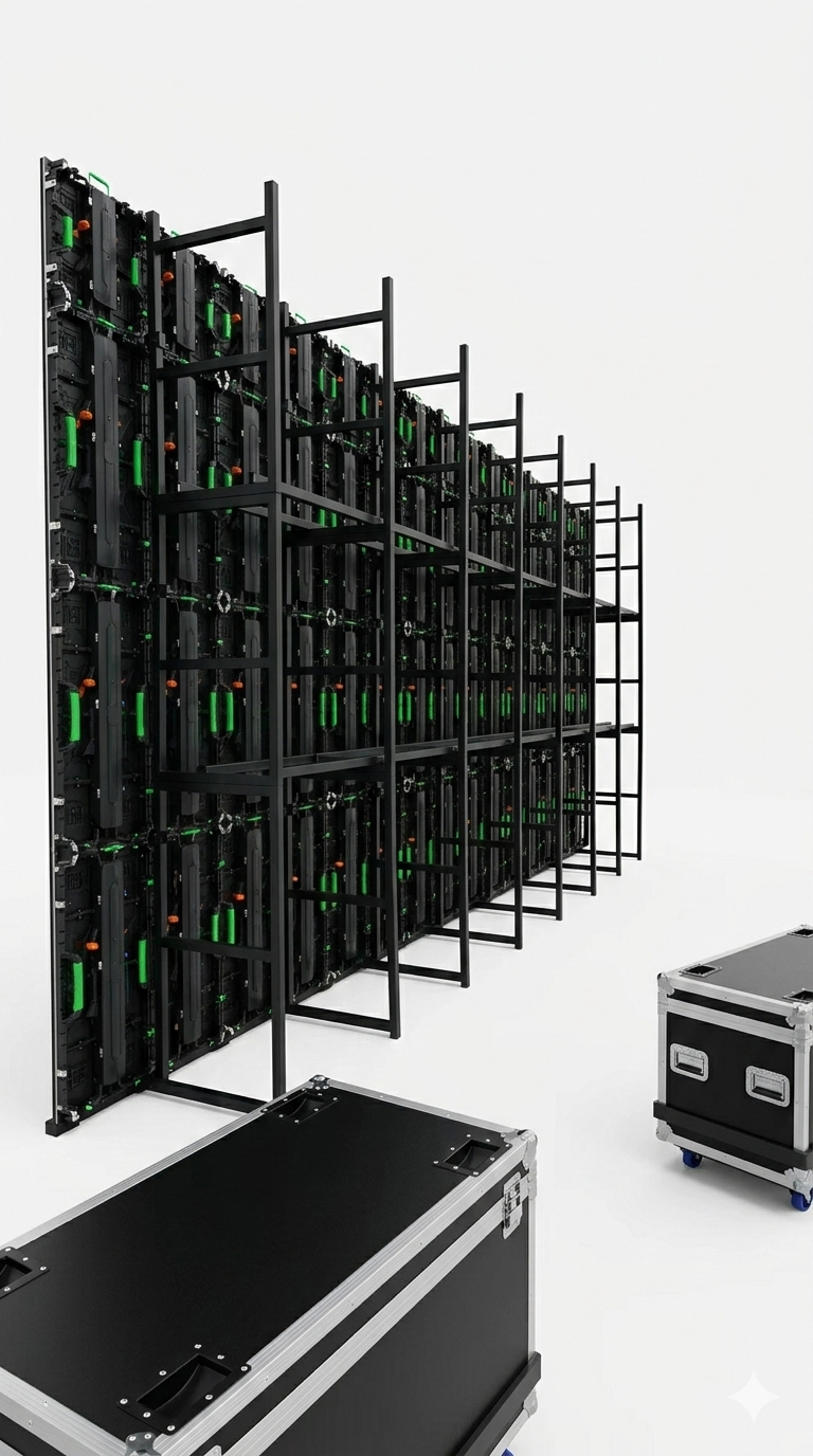 The back of a large LED screen with metal flight cases around it. 