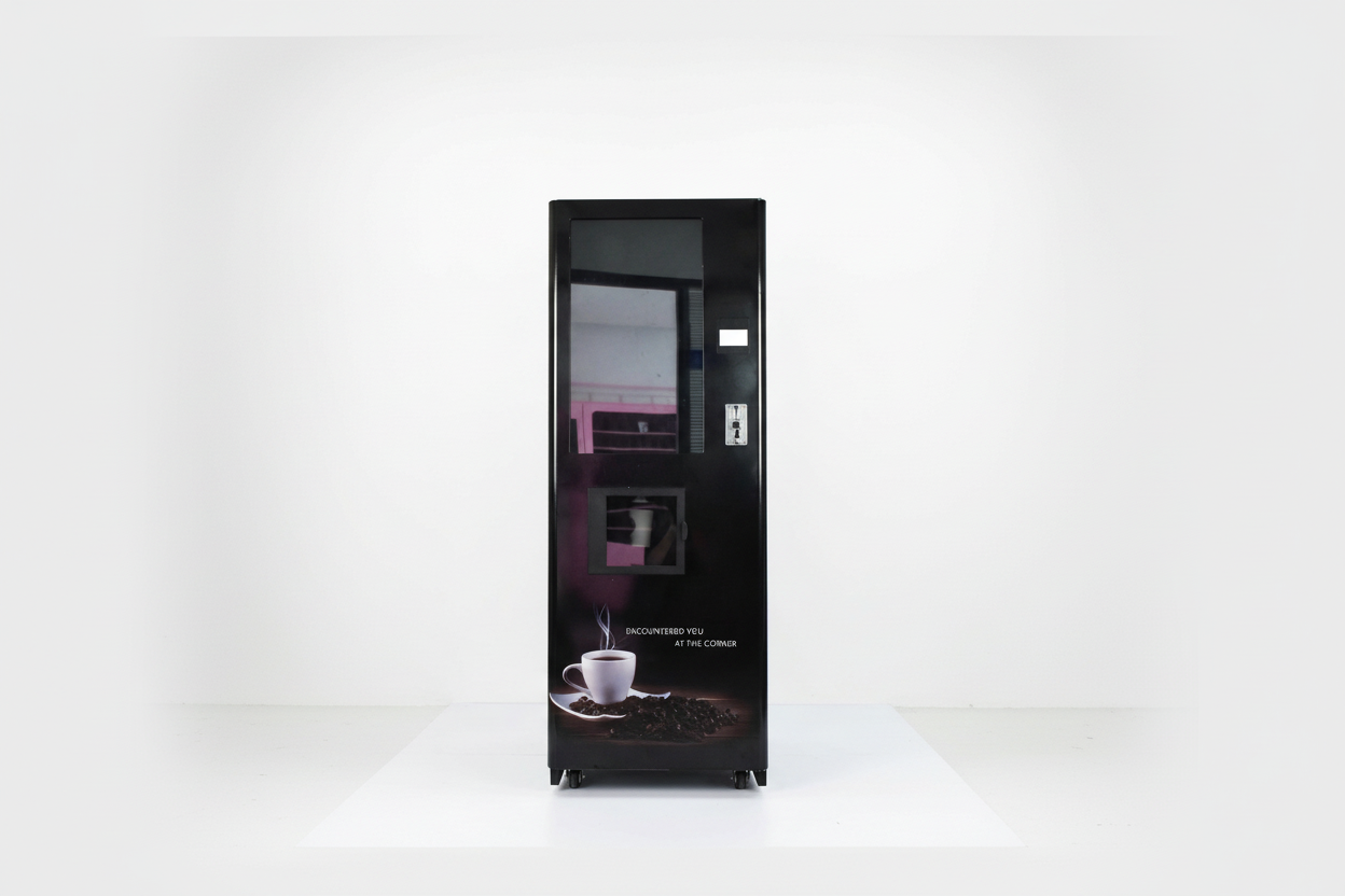 Vending machine with coffee-themed design on a white background, with coin payment option