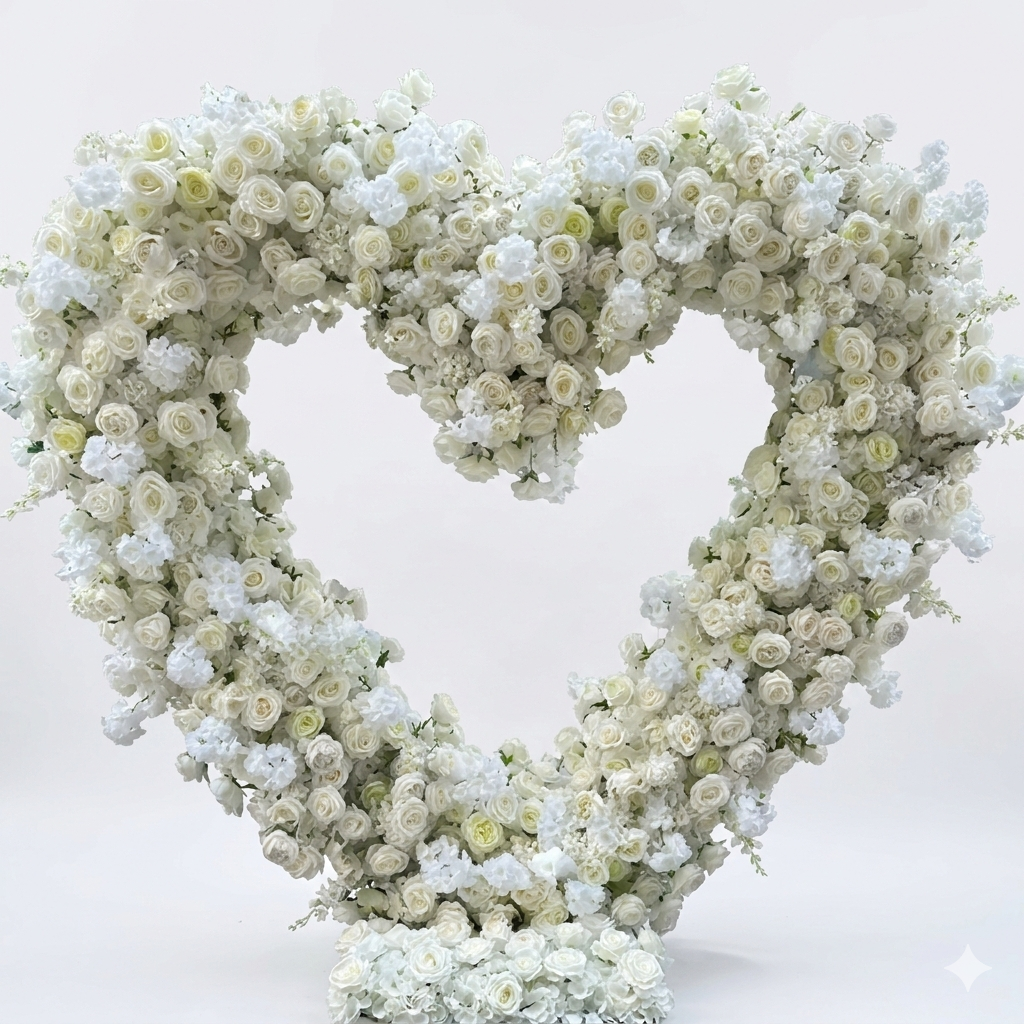 Large floral arch made of white flowers used for proposals and weddings set against a white studio background