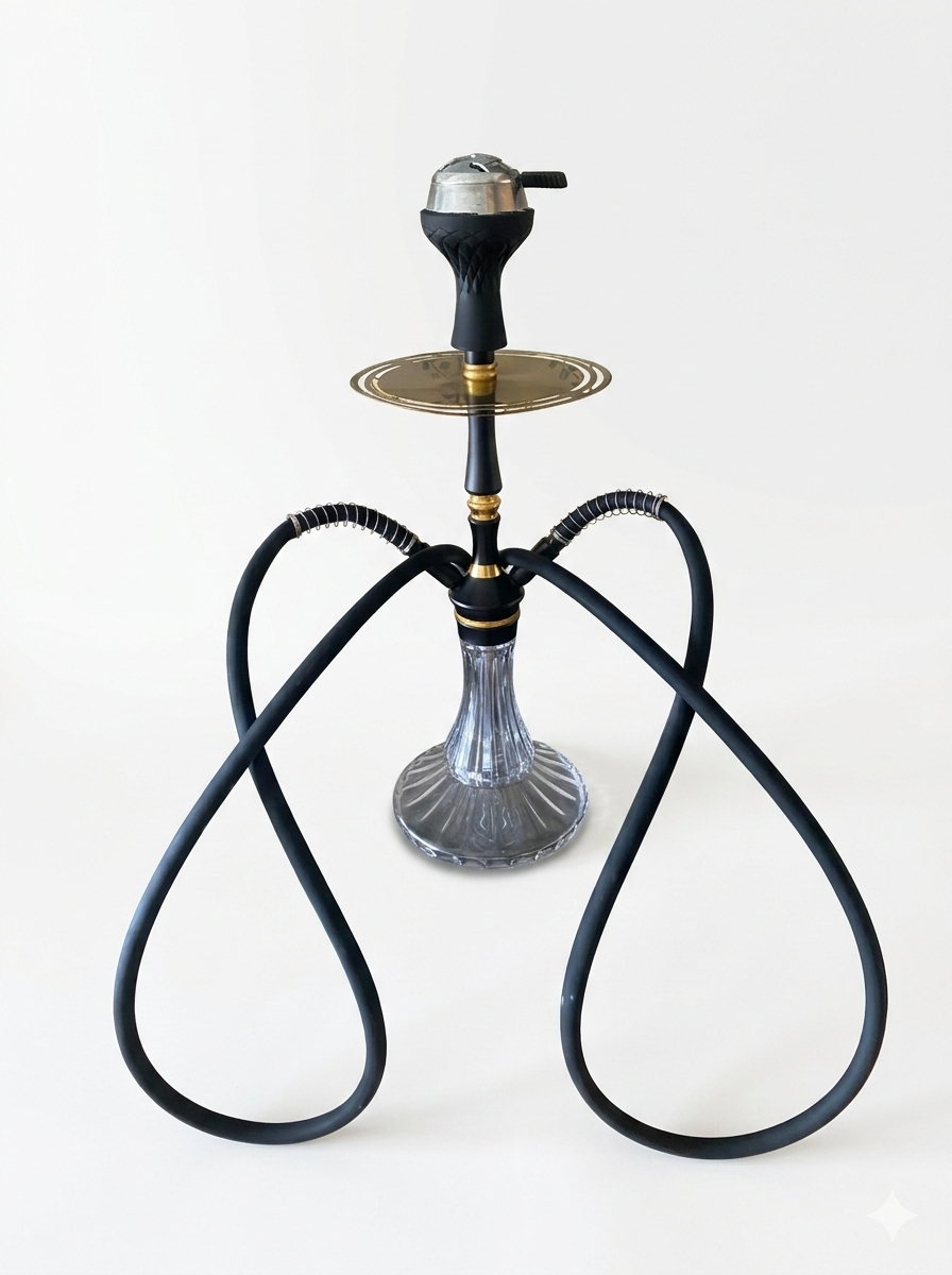 Clear glass shisha pipe with black hoses on a white background