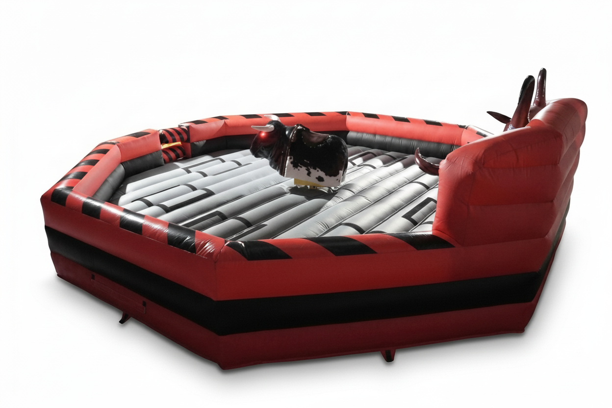 Inflatable rodeo arena with a bull figure on a white background