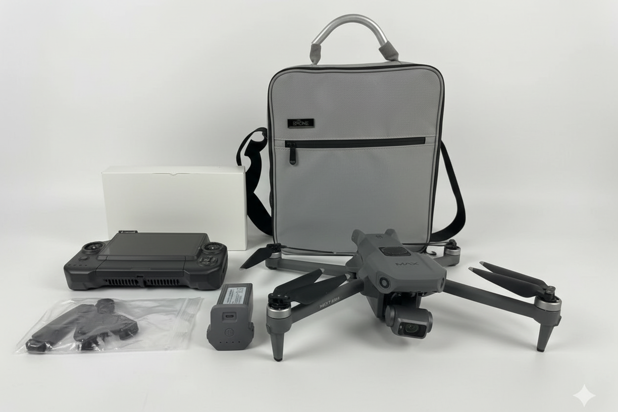 Drone with accessories and a carrying bag on a white background