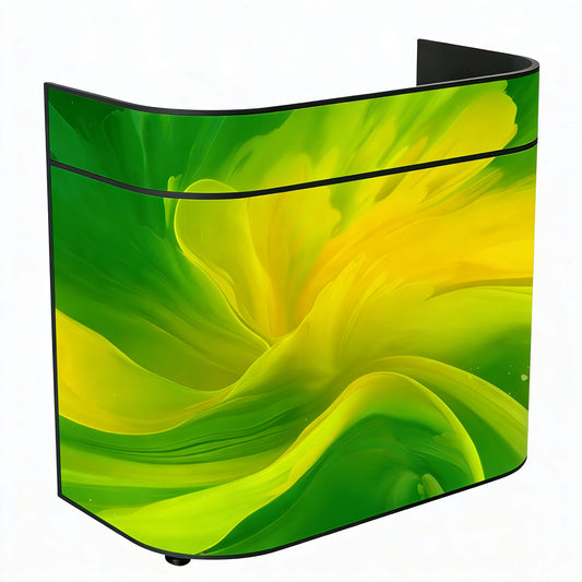 Curved DJ booth displaying a green and yellow petal on the led screen.