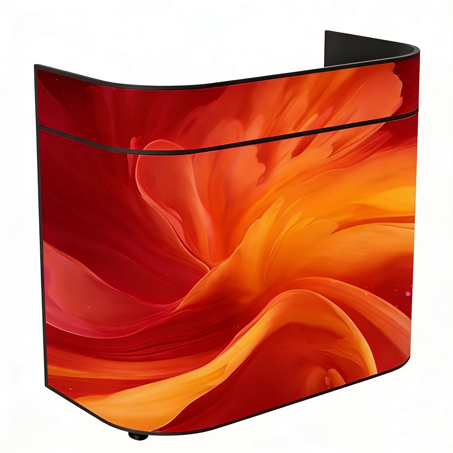 Curved DJ booth displaying a red and orange petal on the led screen.