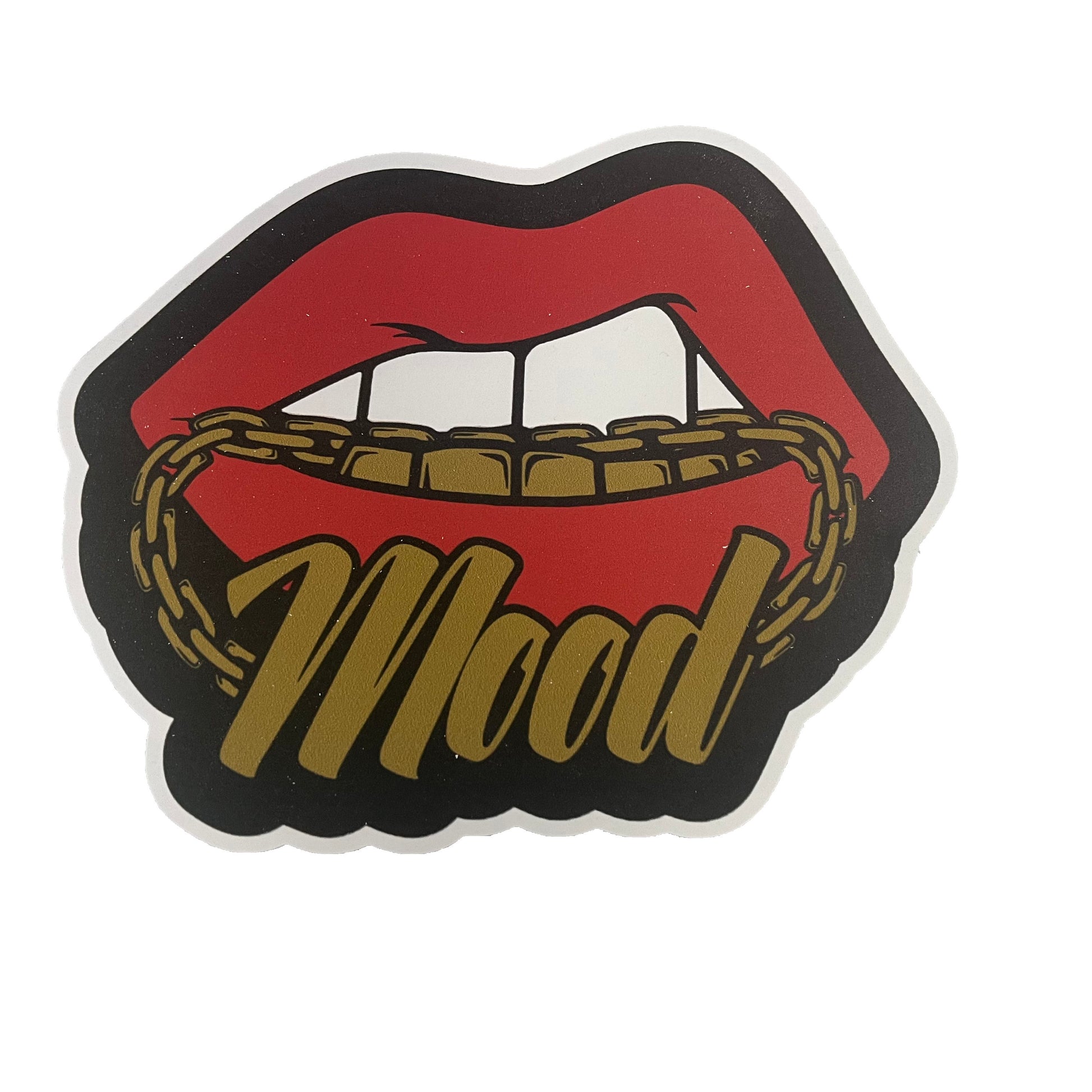Photobooth prop with red lips, gold chain, and 'Mood' text on a white background