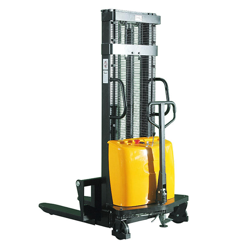 Black and yellow forklift on a white background