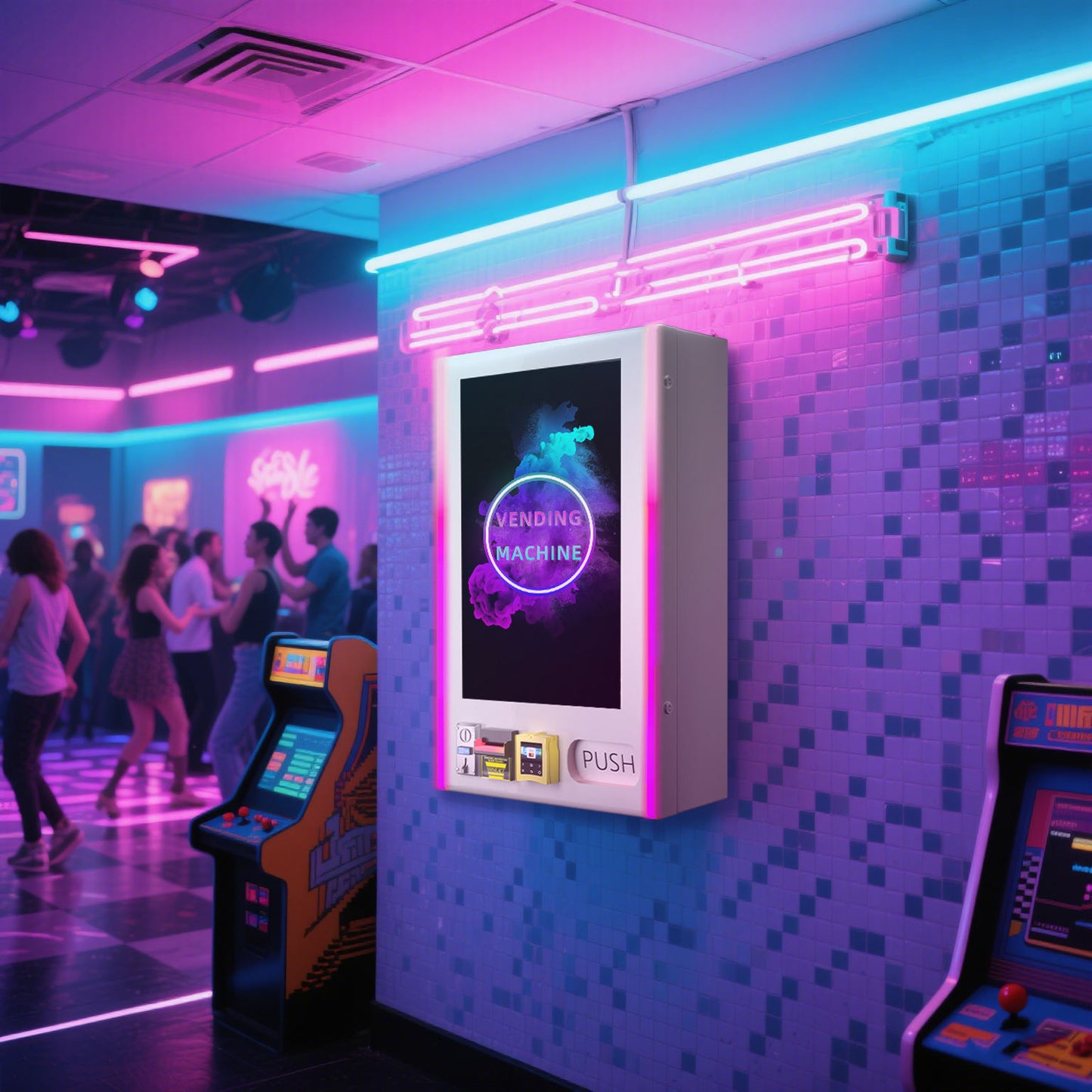 Touch screen vending machine with card machine reader, displayed in a neon-lit arcade setting