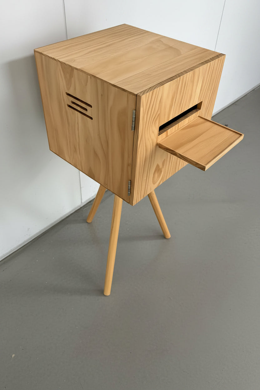 Wooden printer stand with a drawer on a gray floor against a white wall