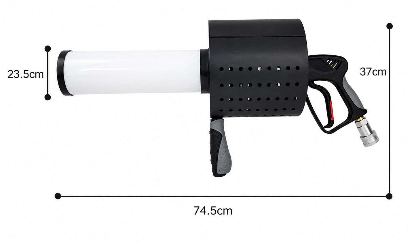 Measurement chart of a LED CO2 Confetti Gun Canon with dimensions labeled.