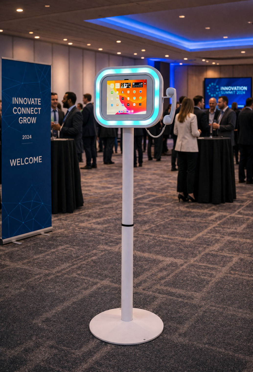 iPad Telephone Stand Audio Video Guestbook Selfie Pod in a conference room with people and promotional materials.