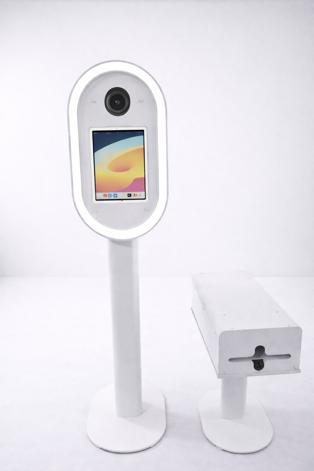 Metal DSLR iPad Selfie Pod Photobooth LED with printer stand on a white background