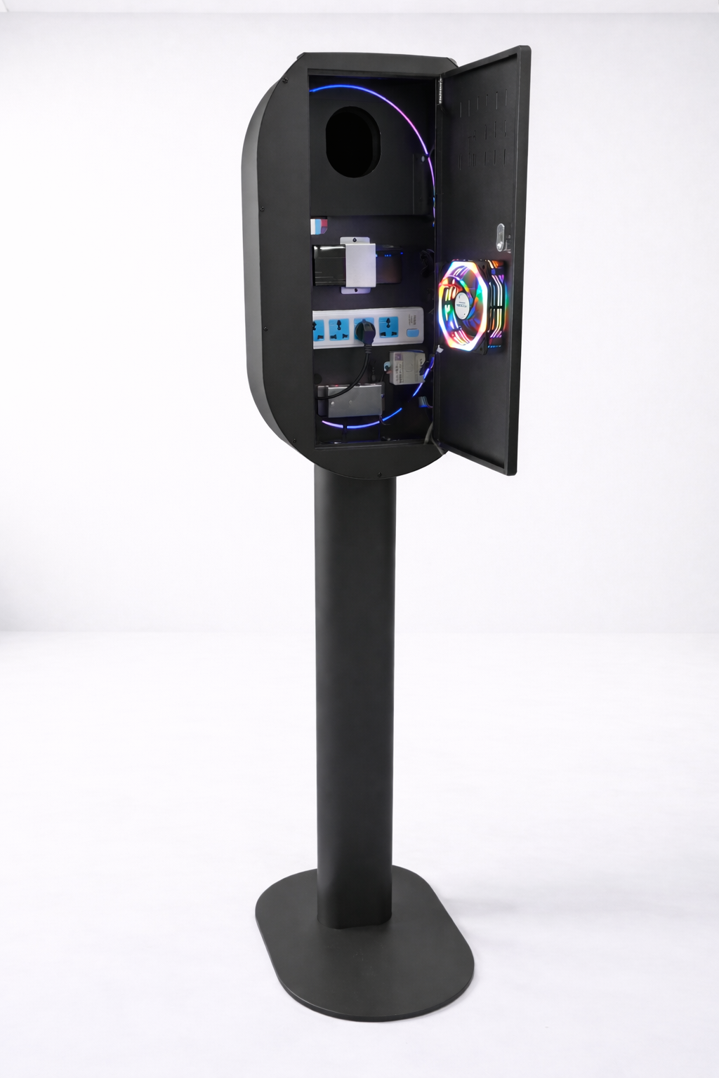 Black Metal DSLR iPad Selfie Pod Photobooth LED with open door on a white background
