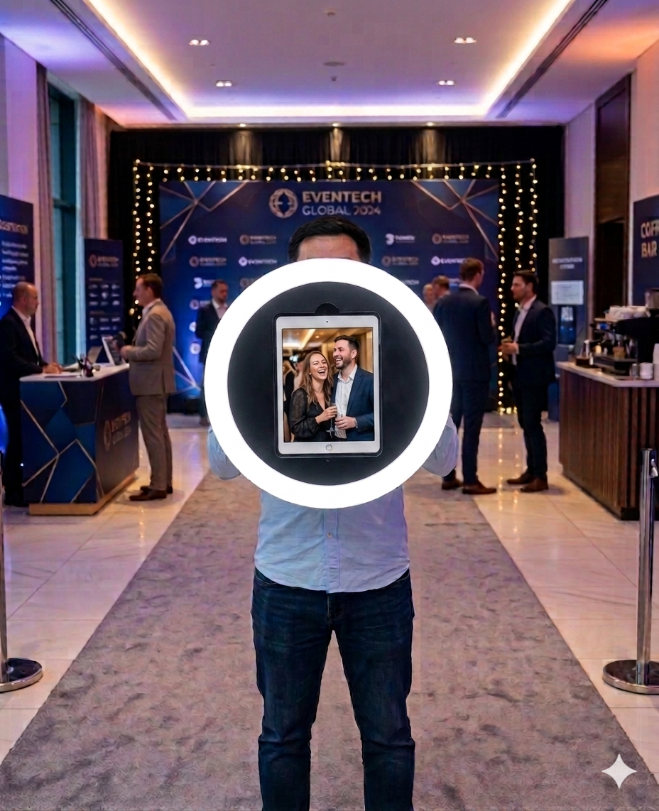 Person holding a Roamer IPad Photobooth LED Ring Light with a photo of a couple at an event with 'Eventech Global 2024' branding.