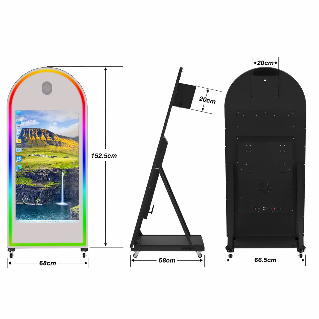 Measurement chart of a Arched Magic Mirror Photobooth with dimensions labeled.