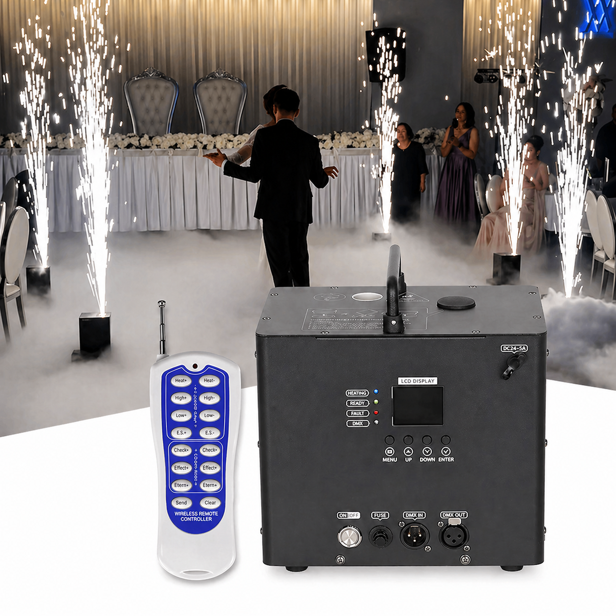 Black Wireless Cold Sparks Machine Indoor Fireworks with remote control in front of a festive indoor event with fireworks.