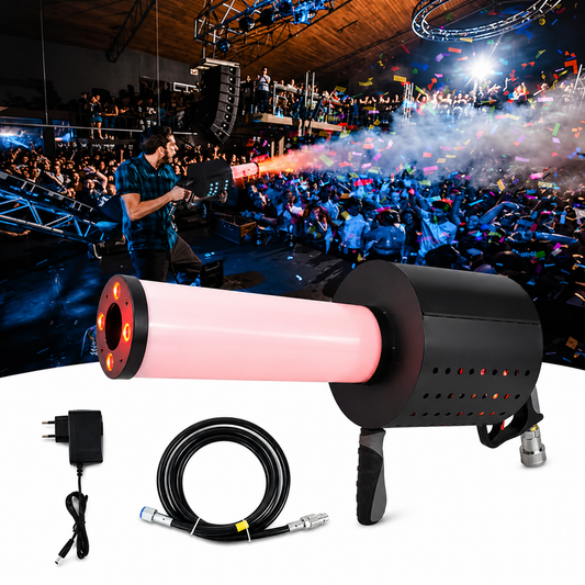 LED CO2 Confetti Gun Canon with accessories on a white background, event crowd in the background