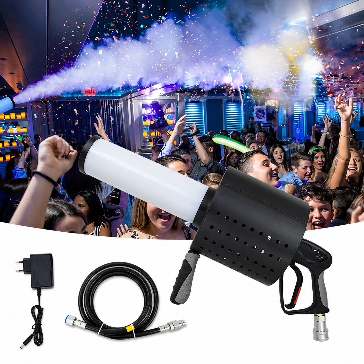 LED CO2 Confetti Gun Canon with accessories on a white background, event crowd in the background
