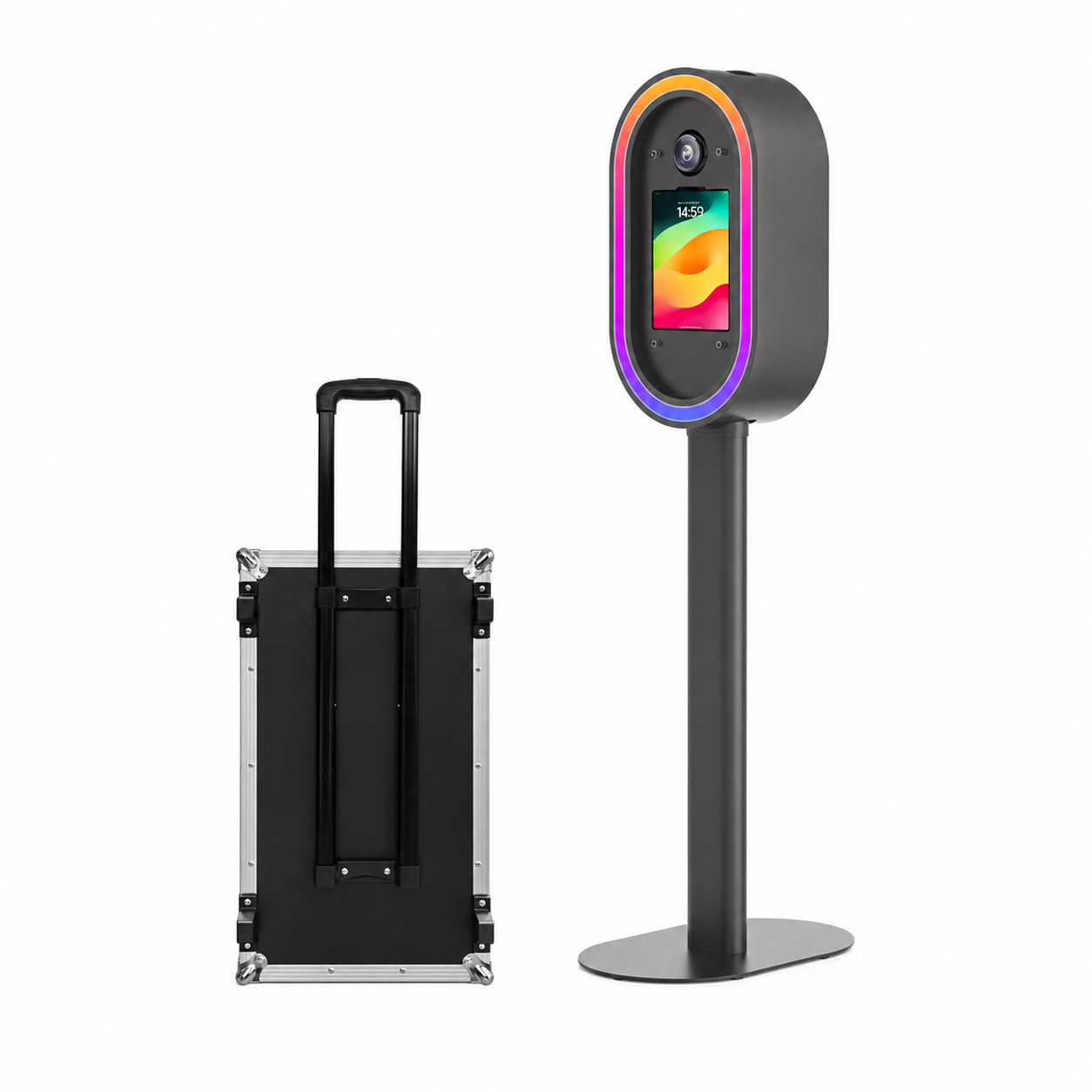 Metal DSLR iPad Selfie Pod Photobooth LED with black flight case on a white background
