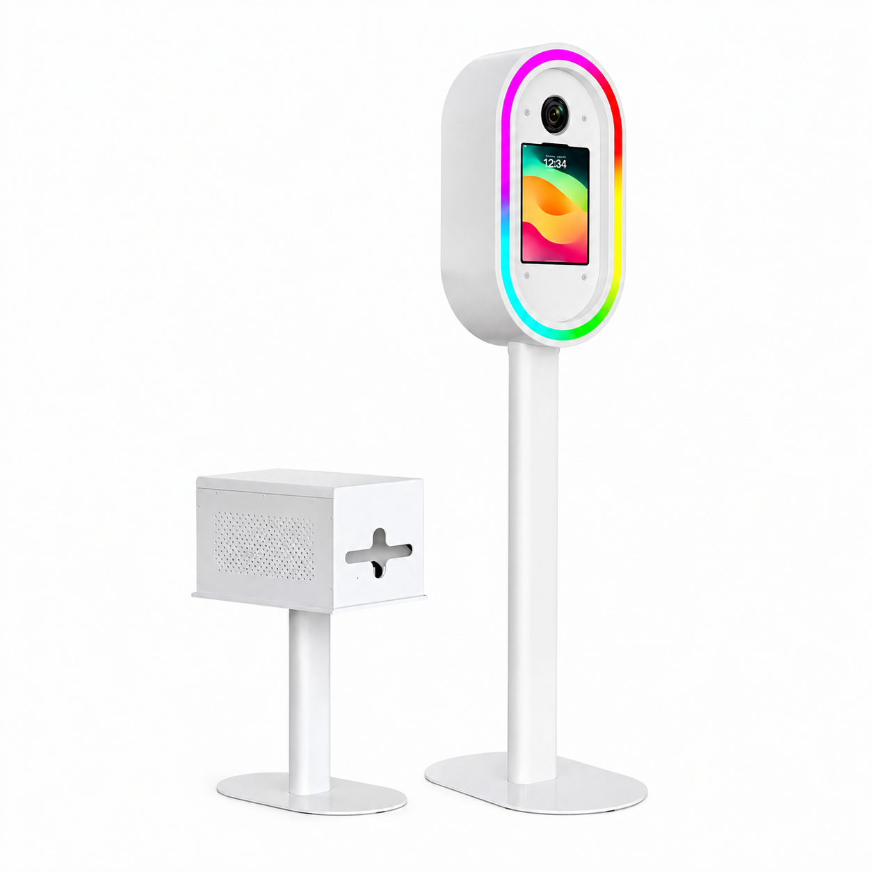 Metal DSLR iPad Selfie Pod Photobooth LED with printer stand on a white background
