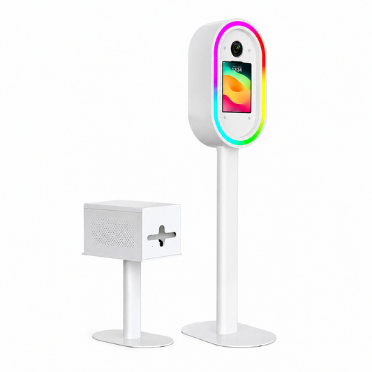 Metal DSLR iPad Selfie Pod Photobooth LED with printer stand on a white background