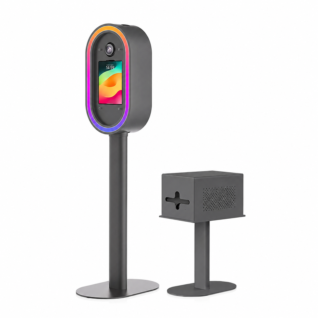 Metal DSLR iPad Selfie Pod Photobooth LED with printer stand on a white background