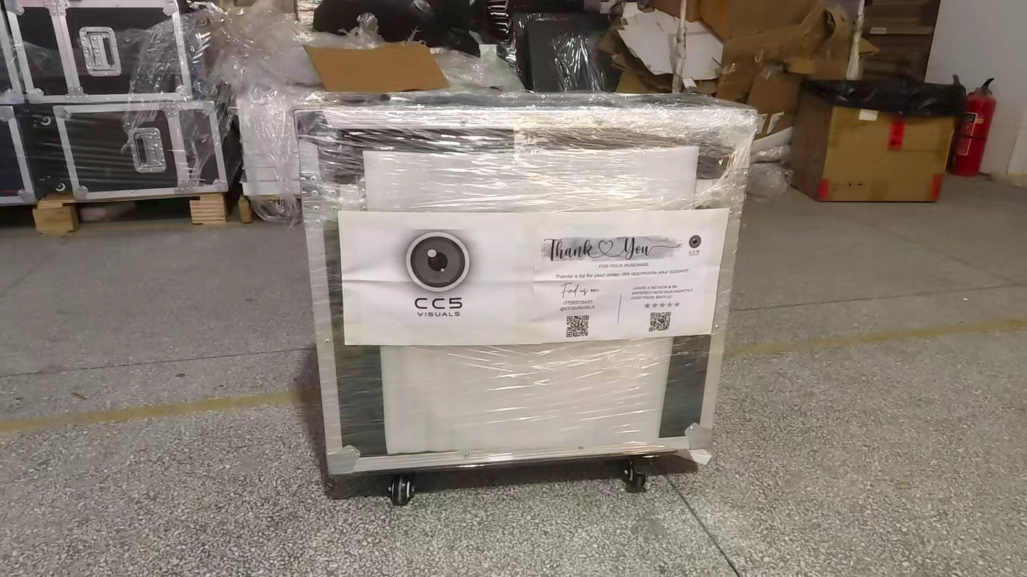 Commercial travel case on a concrete floor with CC5 Visuals logo