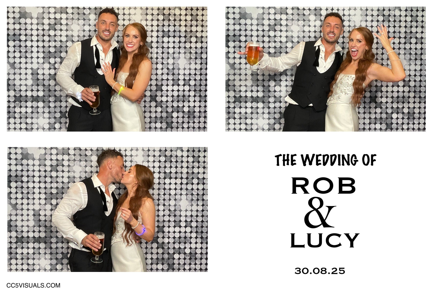 Collage of a couple posing in front of a photo booth with 'The Wedding of Rob & Lucy' text.