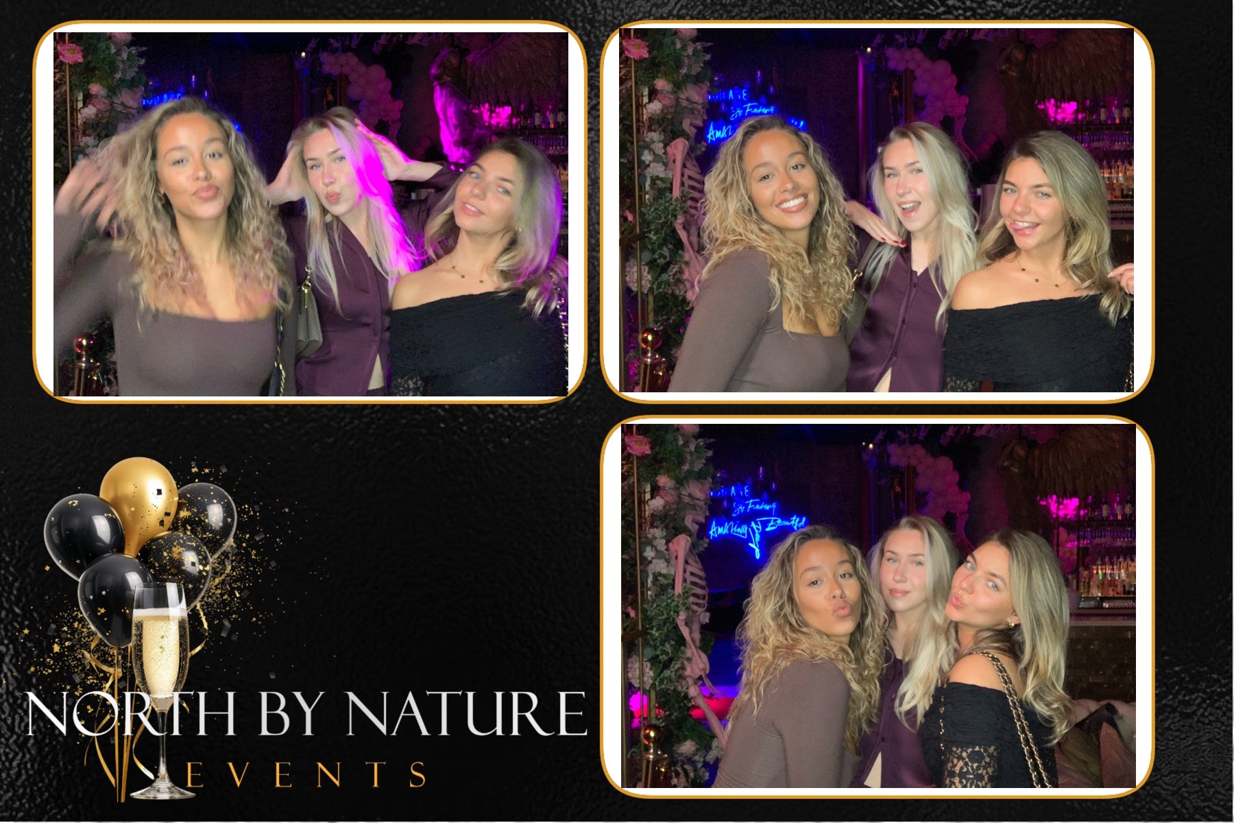 Collage of four photos with people at a party, featuring 'North by Nature Events' branding.