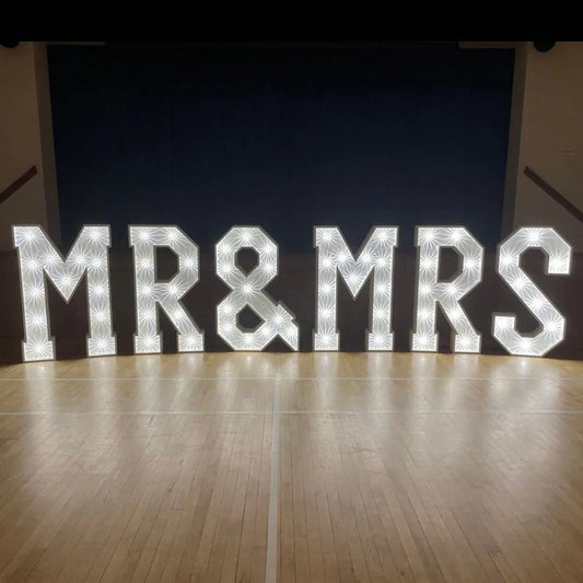 MR & MRS 4ft MDF Wooden Marquee Large LED Letters Light Up Large Figures
