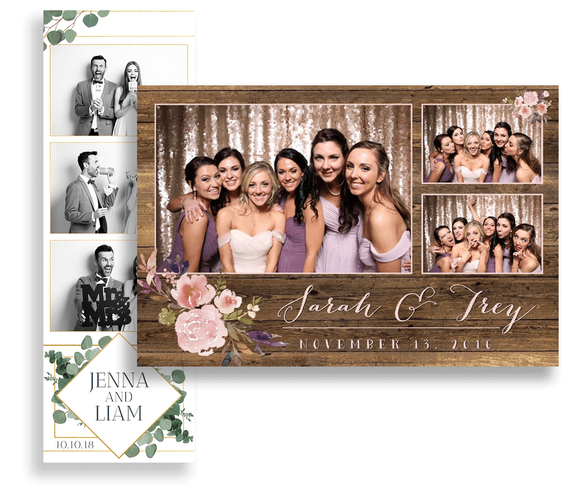 Collage of photos with names 'Sarah & Trey' and 'Jenna & Liam' on a wooden frame background.