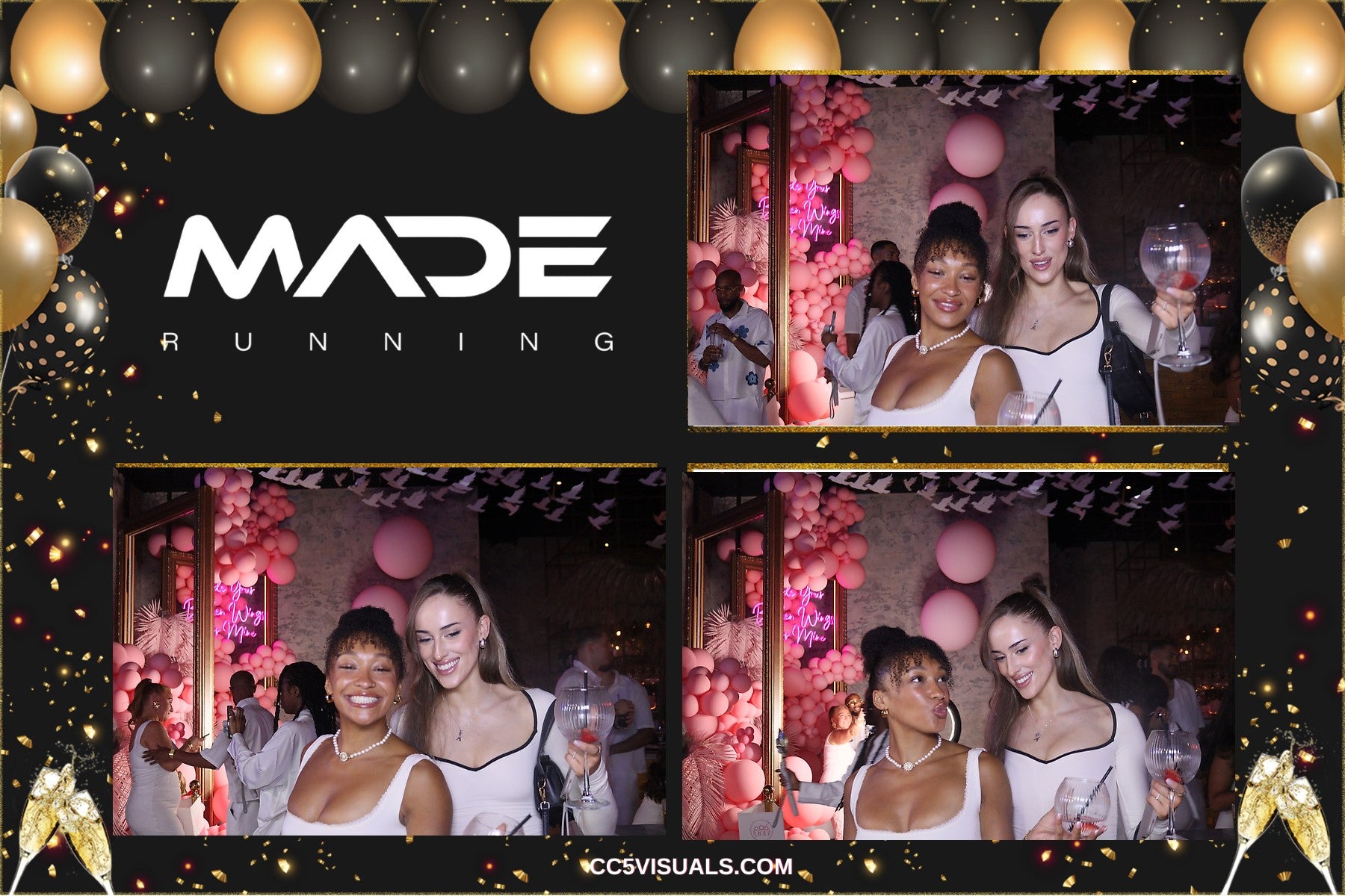 Collage of people at a party with 'MADE RUNNING' branding and balloons.