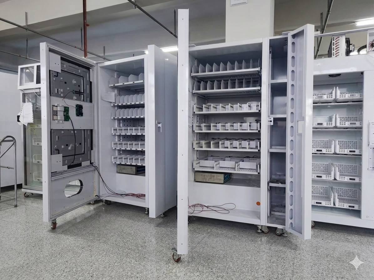 Inside of a large vending machines with doors open