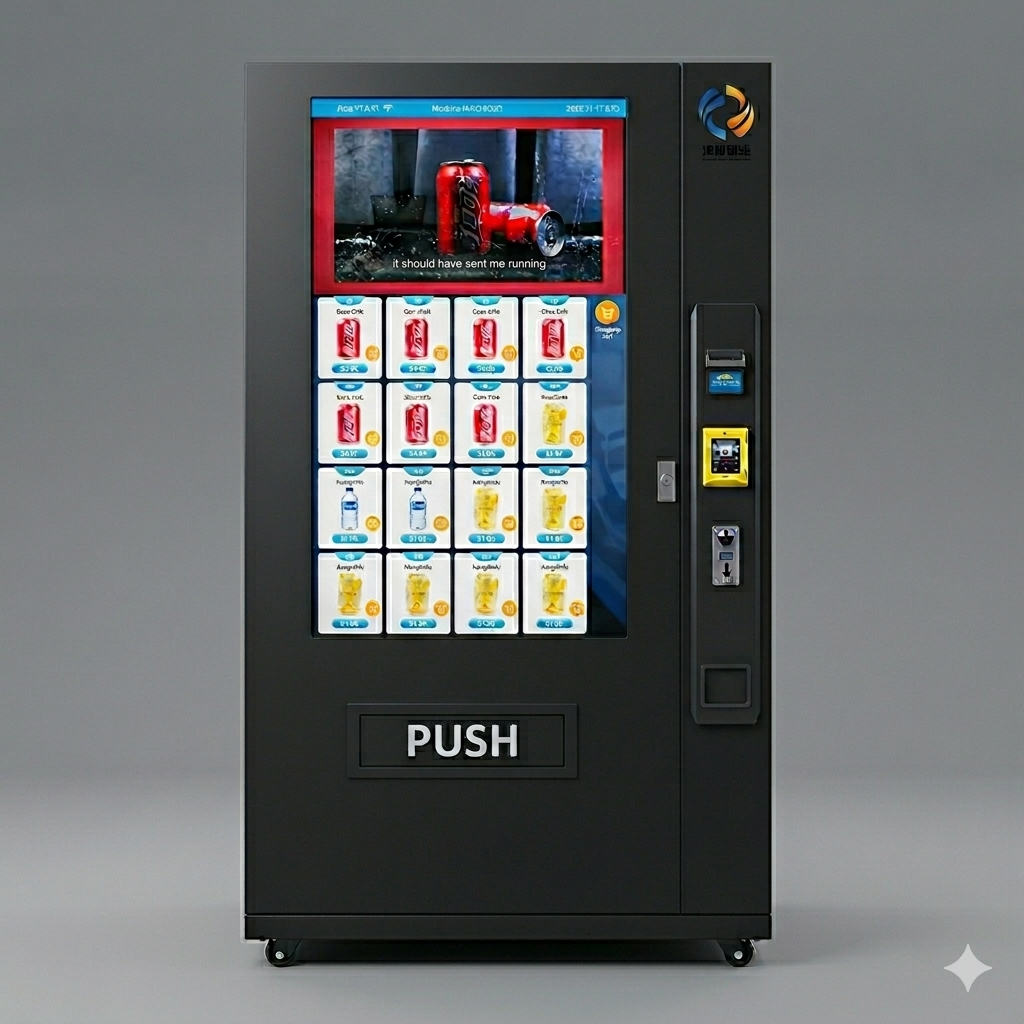 Large Vending machine with card payment interface, coin inserter and a touchscreen display on a gray background
