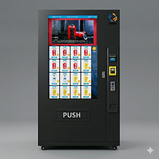 Large Vending machine with card payment interface, coin inserter and a touchscreen display on a gray background