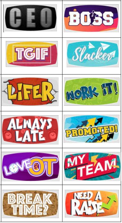 Collection of various office style photoboooth props with different designs and text on a surface.