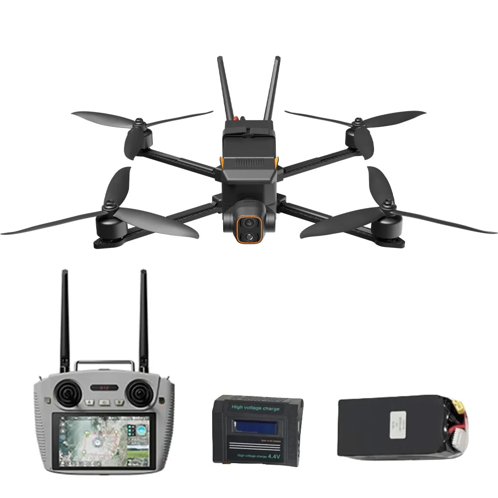 Drone with remote control, battery, and charger on a white background